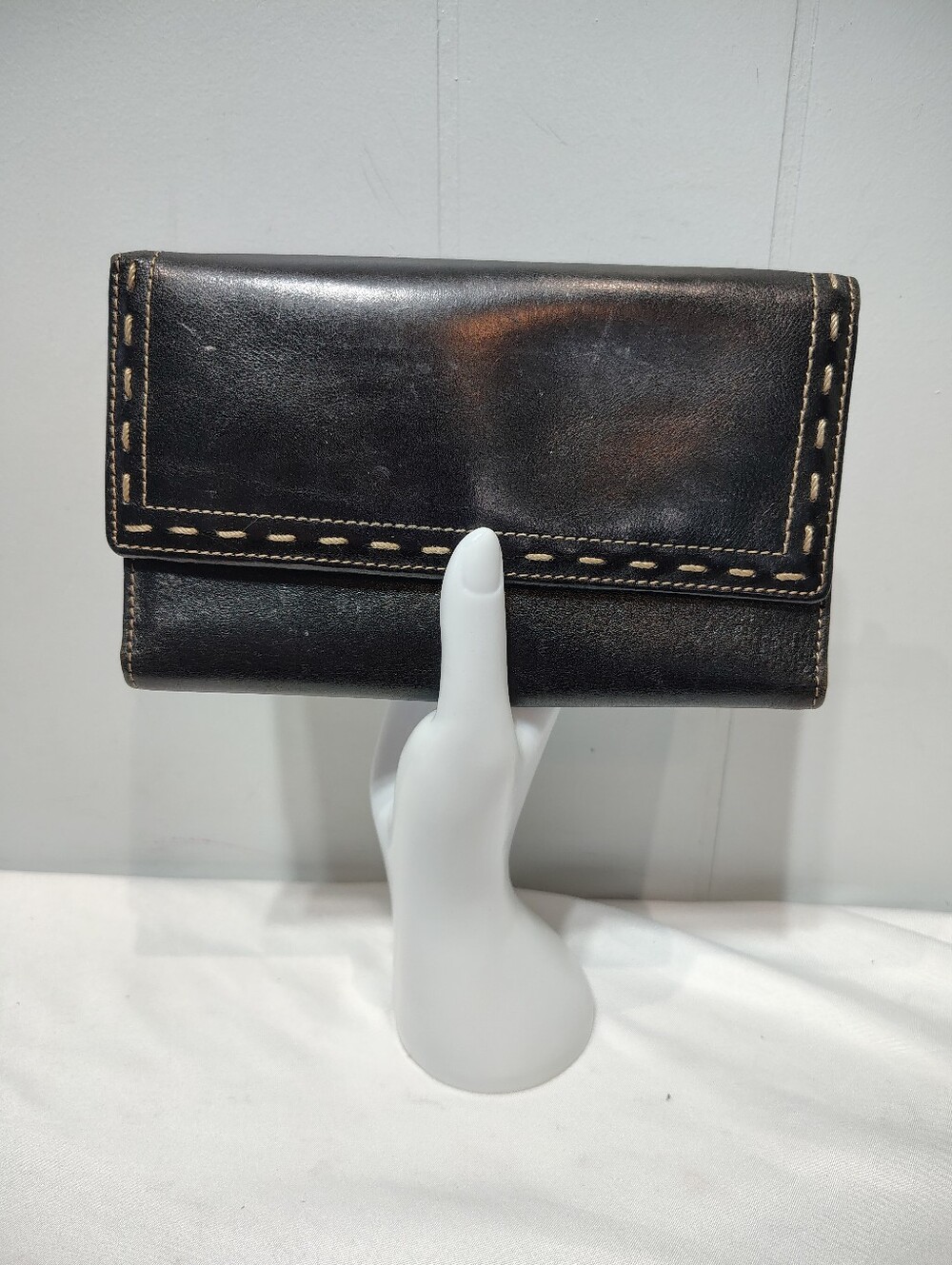 Fossil Black Leather Trifold Wallet Whipstitch Trim Snap Closure Checkbook